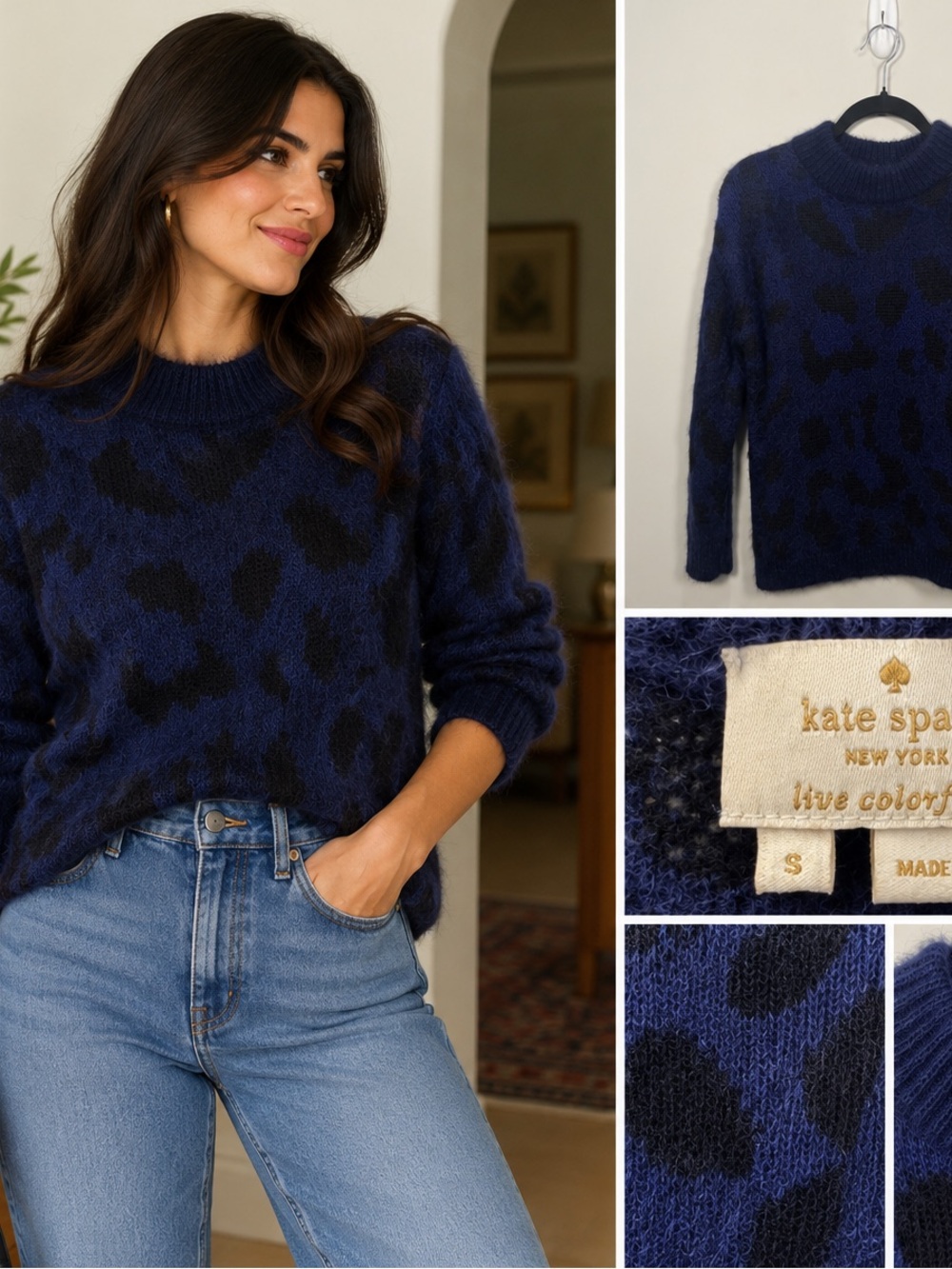 kate spade Navy and Black Leopard Crewneck Sweater